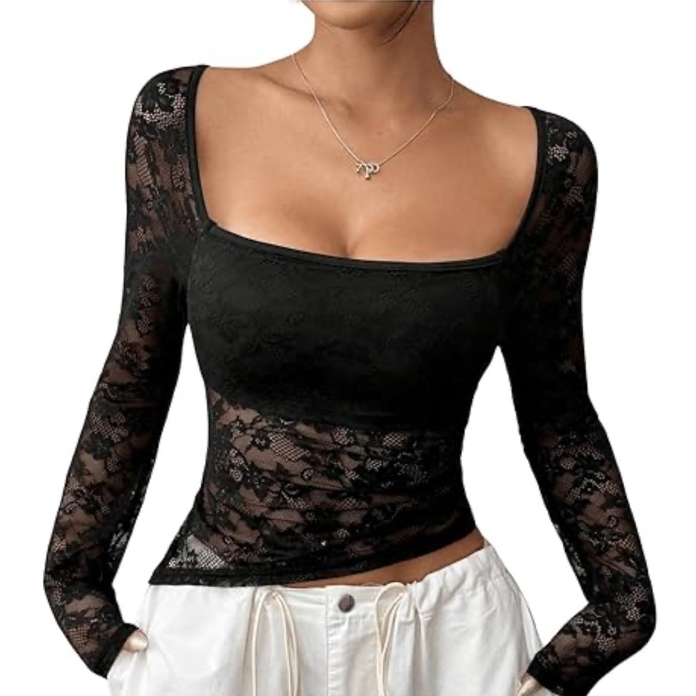 Women's Elegant Lace U-Neck Asymmetric Hem Design Long Sleeve T-Shirt Size XL